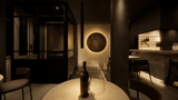 Donker restaurantinterieur met warme verlichting