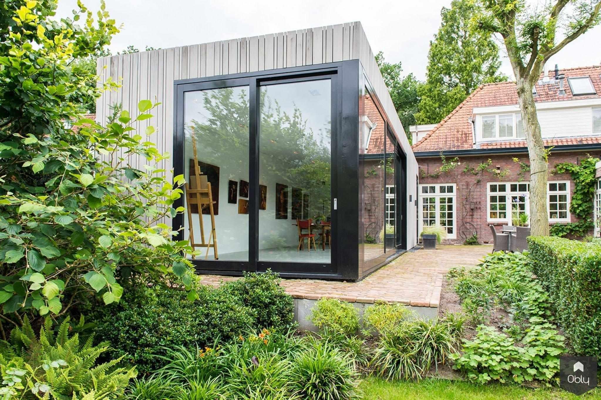 Atelier voor portretschilder in Breda-Van Os Architecten-Aanbouw,alle,atelierruimte,creatieve werkplek,Exterieur,grote raampartijen,lichte ruimte,noordlicht,tuinzicht-OBLY
