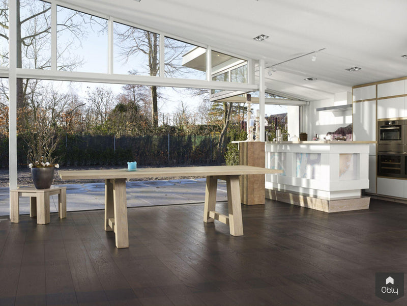 Donkere eiken parketvloer in leefkeuken-NOBEL Flooring-Aanbouw,alle-OBLY