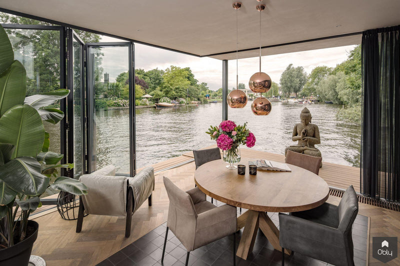 Glazen vouwwanden op een moderne woonboot-Solarlux Nederland BV-alle,Woonkamer-OBLY