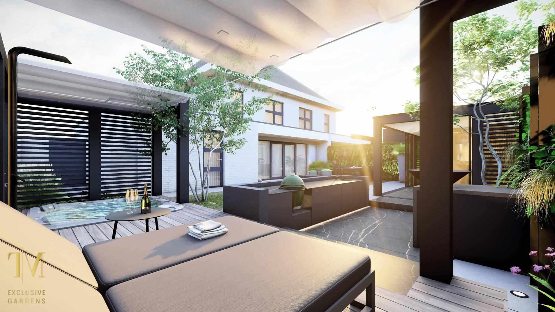 Hotel Chique tuinontwerp-TIM Exclusive Gardens-exclusieftuinontwerp,highendbuitenruimte,hotelchiquetuin,jacuzzi,luxeoverkapping,resortgevoel,tuin,tuinarchitectuur-OBLY