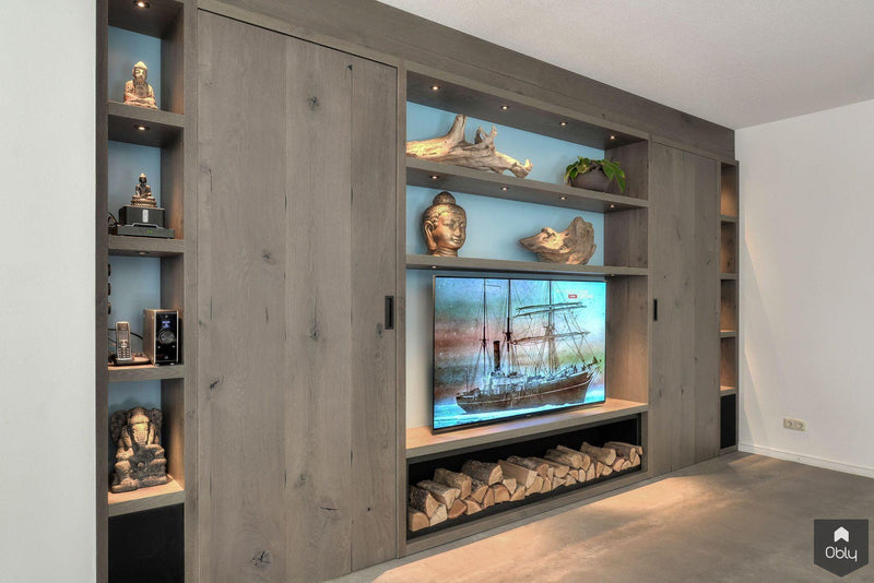 Houten wandmeubel met verdekte toegangsdeuren-lab-R architectenbureau-alle,Woonkamer-OBLY