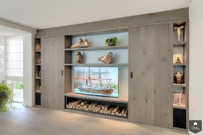 Houten wandmeubel met verdekte toegangsdeuren-lab-R architectenbureau-alle,Woonkamer-OBLY