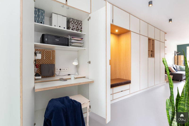 Maatwerk kast van berken multiplex en eiken fineer-Studio Jasper-alle,Entree hal trap-OBLY