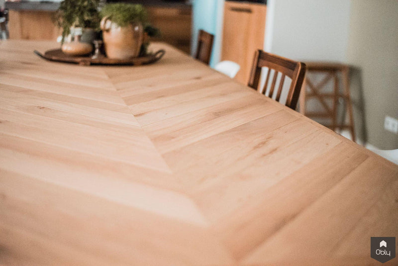 Massief eiken Hongaarse punt in tafel met handgemaakt stalen frame-Pelle Interieurbouw-alle,Eetkamer-OBLY