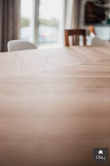 Massief eiken Hongaarse punt in tafel met handgemaakt stalen frame-Pelle Interieurbouw-alle,Eetkamer-OBLY
