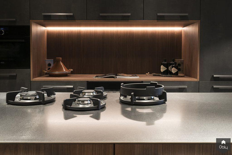 Stijlvolle keuken in blauwstaal en walnoot kleur-Kitchenstudio-alle,Keuken-OBLY