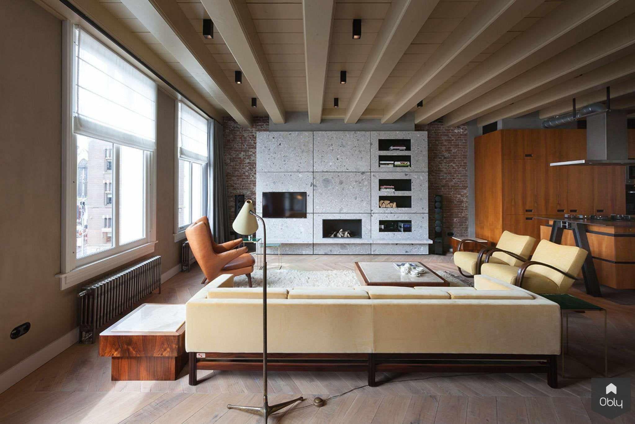 Woonkamer en open keuken urban appartement-Cris van Amsterdam-alle,industrieel appartement interieur,loft stijl woonkamer keuken,modern stadsappartement design,urban appartement interieur,Woonkamer,woonkamer met open keuken-OBLY